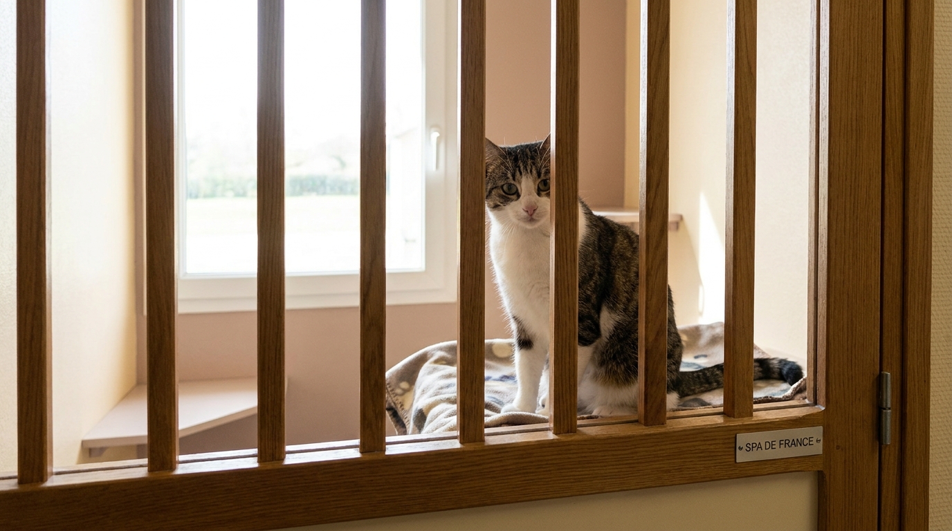 Totoro, un magnifique chat tigré et blanc au regard doux, assis dans le refuge de la SPA de Strasbourg, attendant une famille.