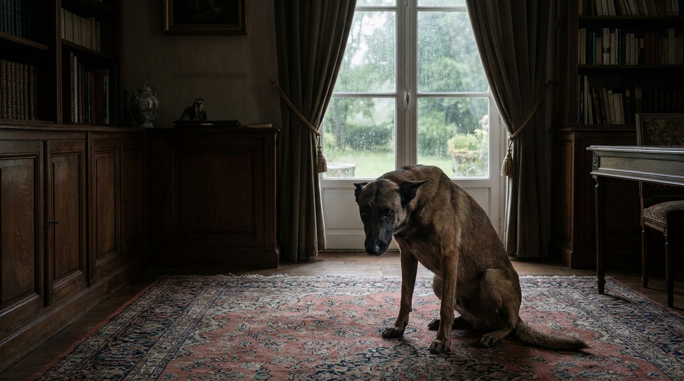 Un chien de type Malinois, l'air triste, regarde par une fenêtre dans le salon d'une grande maison de campagne française, symbolisant un drame.