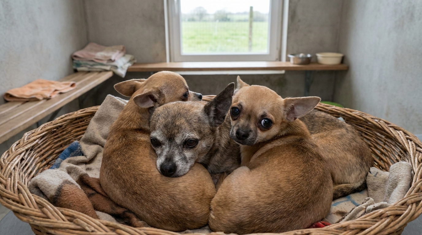 Trois adorables chiens de race Chihuahua, blottis les uns contre les autres dans un panier douillet au sein d'un refuge animalier.