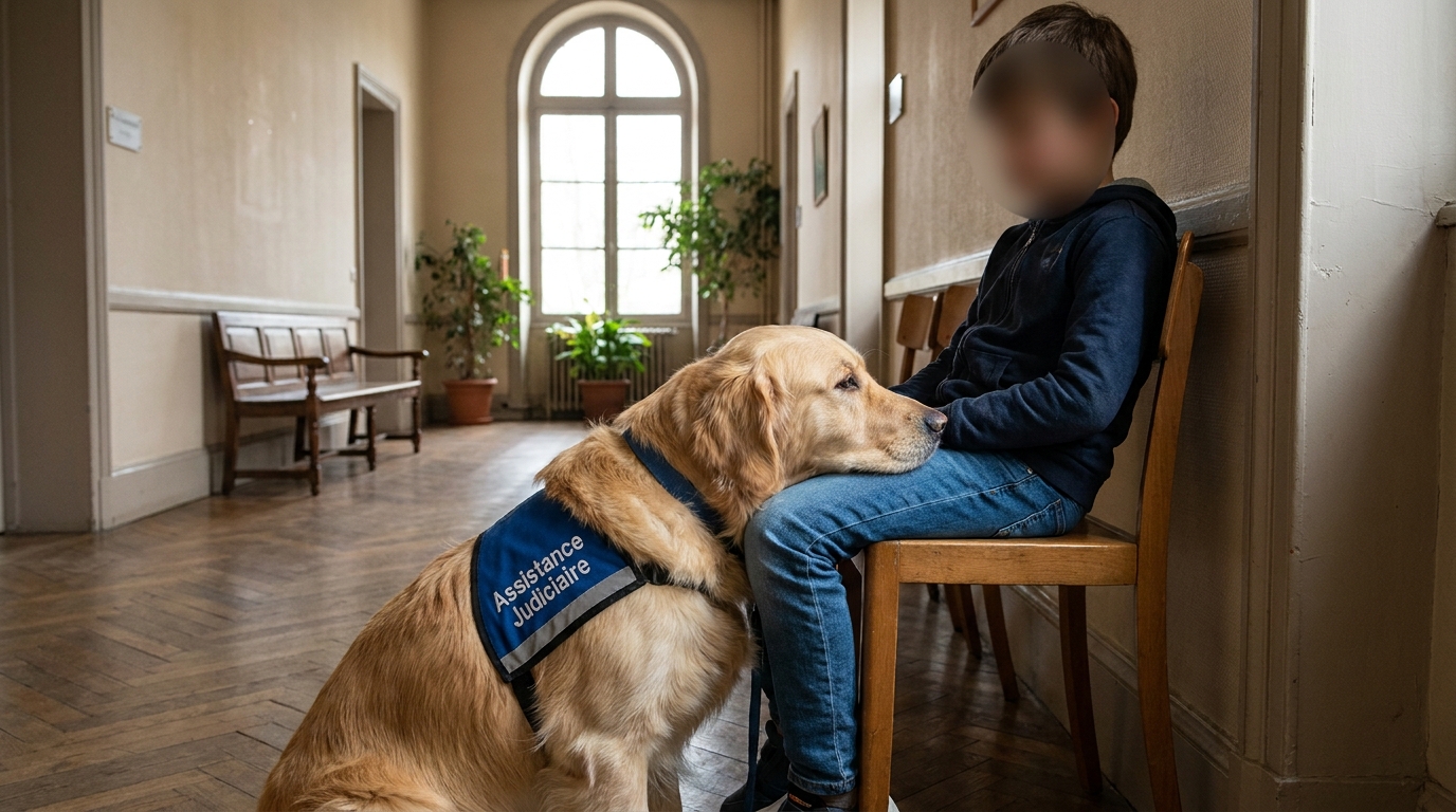 Un Golden Retriever doux et calme, portant un gilet de chien d'assistance, est assis aux pieds d'un enfant dans un bureau sobre.