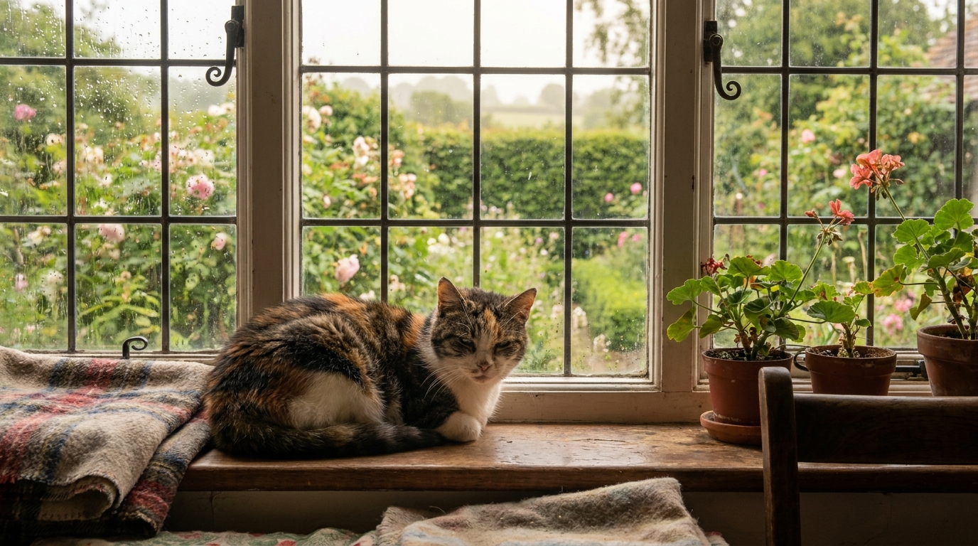 Une vieille chatte assise près d'une fenêtre dans une maison en Angleterre, regardant dehors avant sa tragique disparition et son euthanasie.