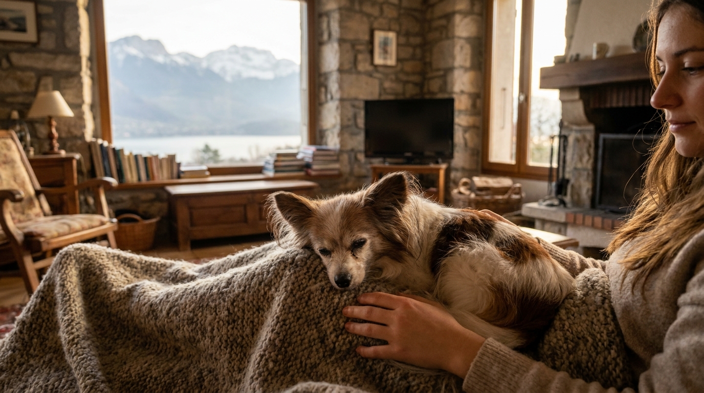 Un très vieux chien de race épagneul papillon, au poil blanc et marron, blotti avec tendresse dans les bras de sa propriétaire.