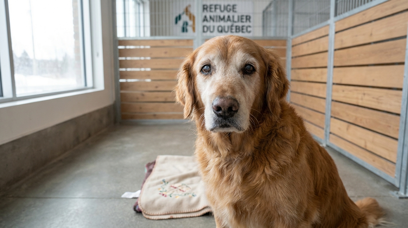 Un vieux chien au pelage grisonnant, de type Golden Retriever, regarde avec des yeux tristes mais pleins d'espoir à travers les barreaux d'un box de refuge.