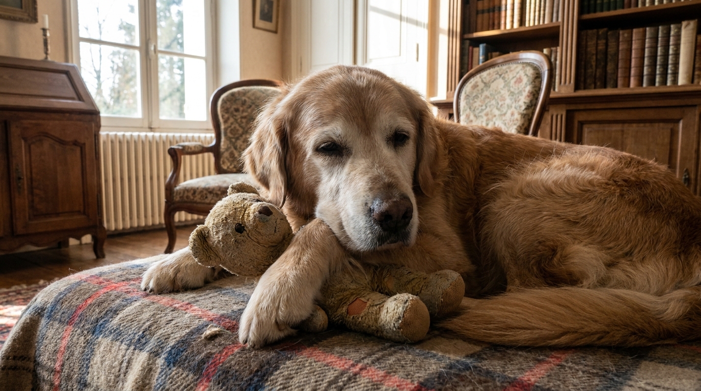 Un chien âgé au regard touchant, couché dans un salon, serre un vieil ours en peluche contre lui, symbole de son passé.