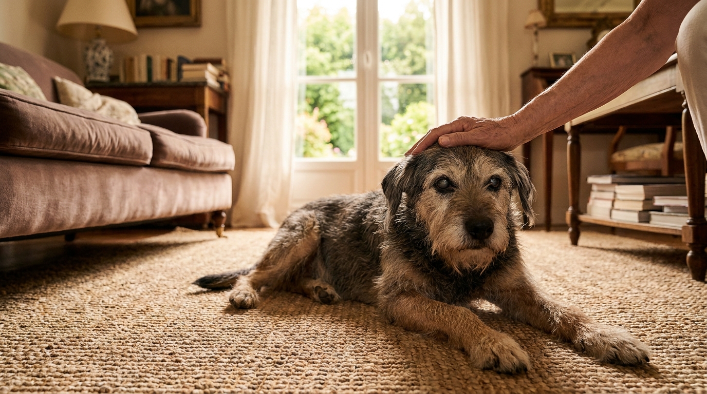 Une femme caresse doucement un très vieux chien à la fourrure grisonnante, assis sur un canapé confortable dans un salon lumineux.