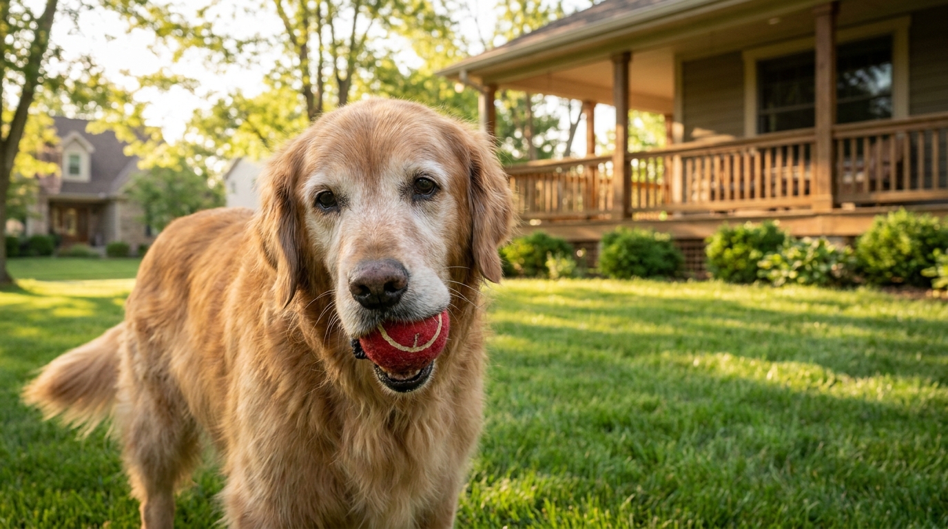 Un Golden Retriever âgé, au pelage doré, tient joyeusement une balle dans sa gueule sur une pelouse verdoyante aux États-Unis.