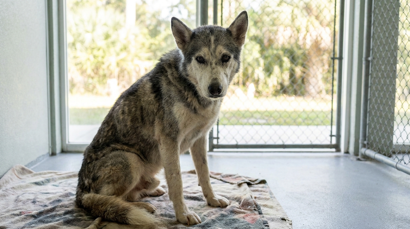 Un vieux chien de race husky au regard fatigué mais doux, assis dans un refuge pour animaux aux États-Unis.