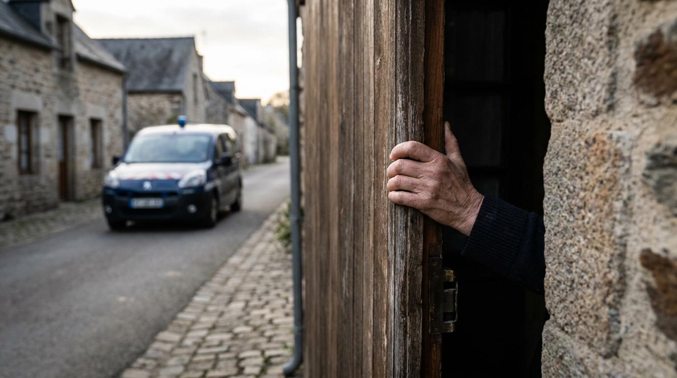 Une femme regarde avec une expression choquée à travers sa porte entrouverte vers une scène de rue floue, symbolisant l'horreur d'un drame de voisinage.