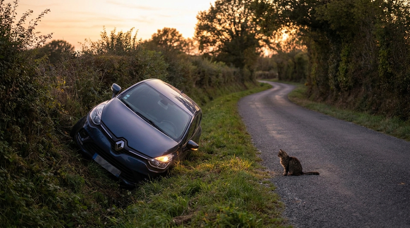 Une voiture accidentée dans un fossé sur une route de campagne française, au crépuscule, après un accident pour éviter un animal.