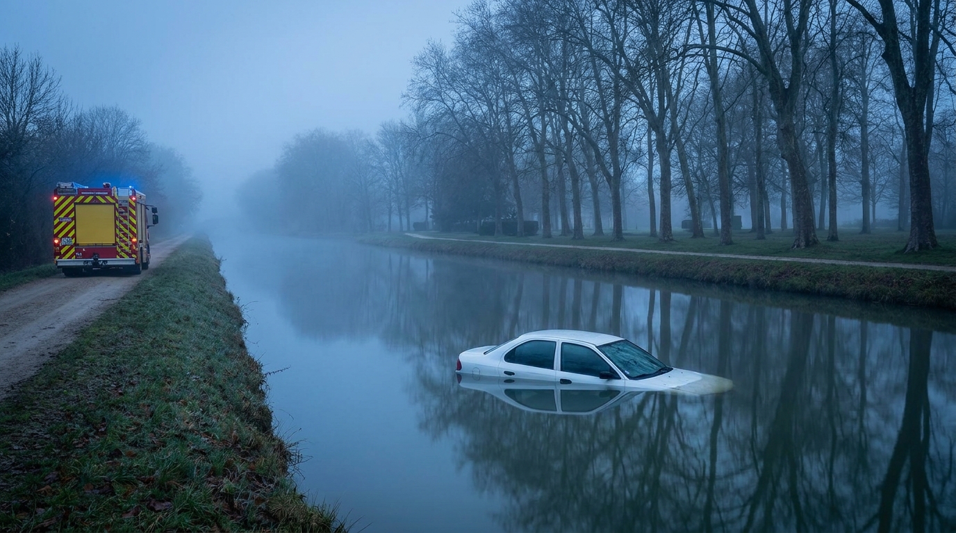 Une voiture à moitié immergée dans un canal au lever du jour, illustrant le tragique accident survenu à Gravelines.