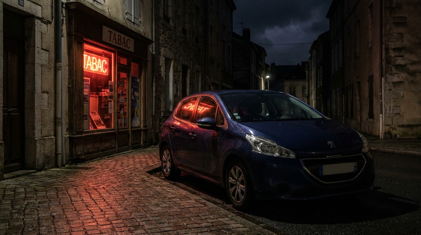 Une voiture de type citadine est garée de nuit devant la vitrine éclairée d'un bureau de tabac français, évoquant une scène d'attente.