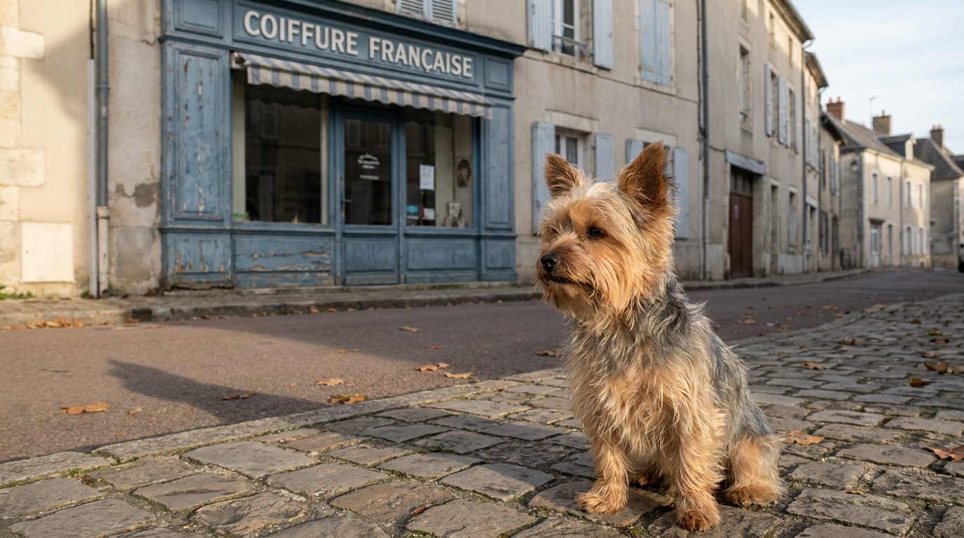 Un petit Yorkshire terrier regarde tristement depuis le trottoir devant la vitrine d'un salon de coiffure dans une rue française.