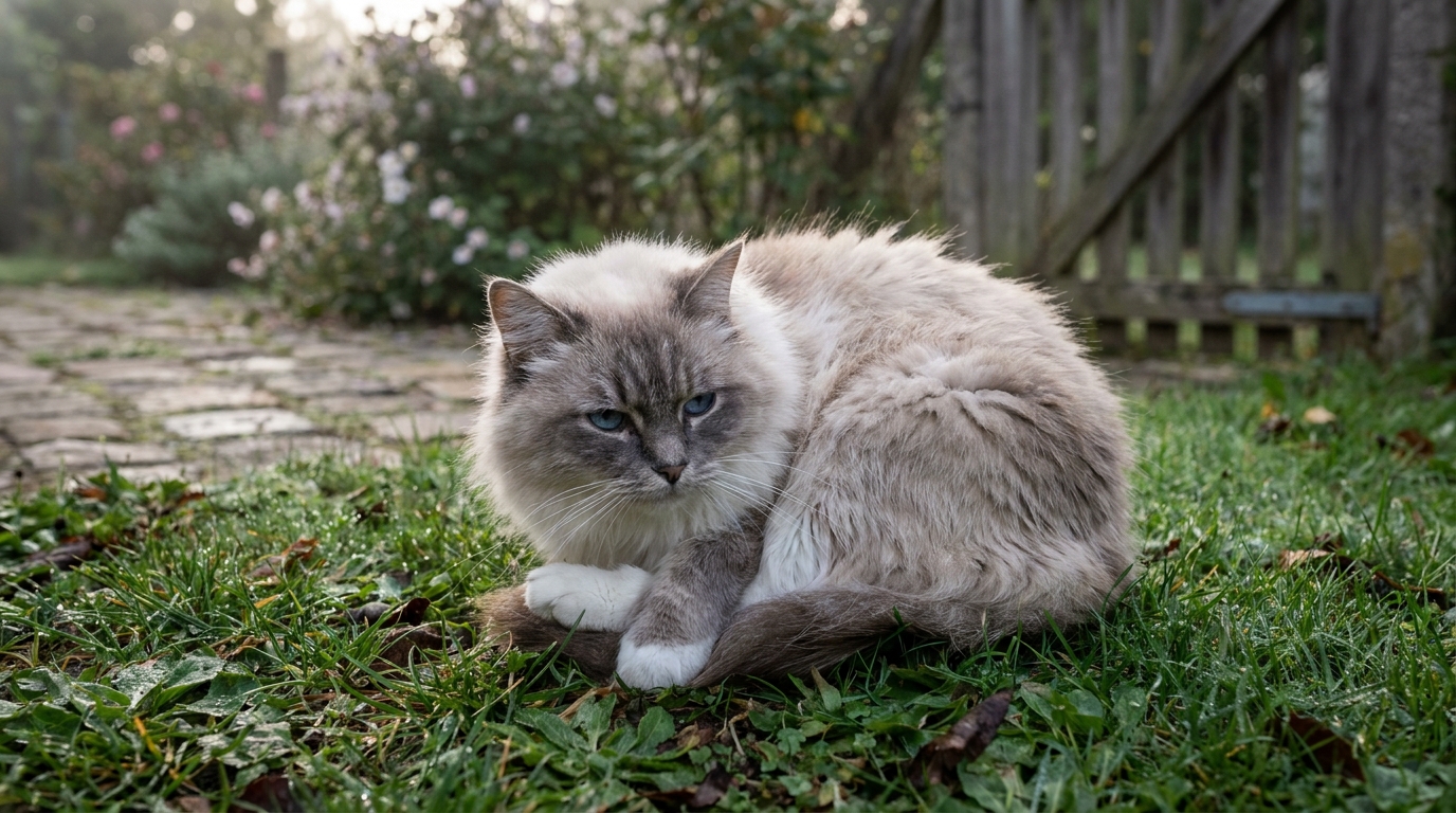 Un chat de race Ragdoll aux yeux bleus est allongé dans l'herbe, l'air affaibli après avoir été victime d'un acte de cruauté.