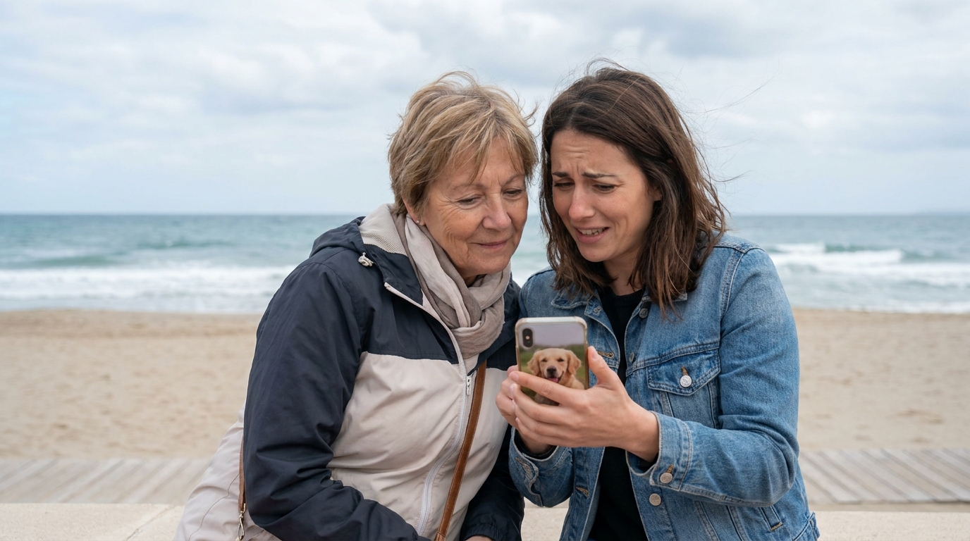 Une femme montre une photo de chien sur son téléphone à une passante, illustrant l'arnaque au chien perdu dans le sud de la France.