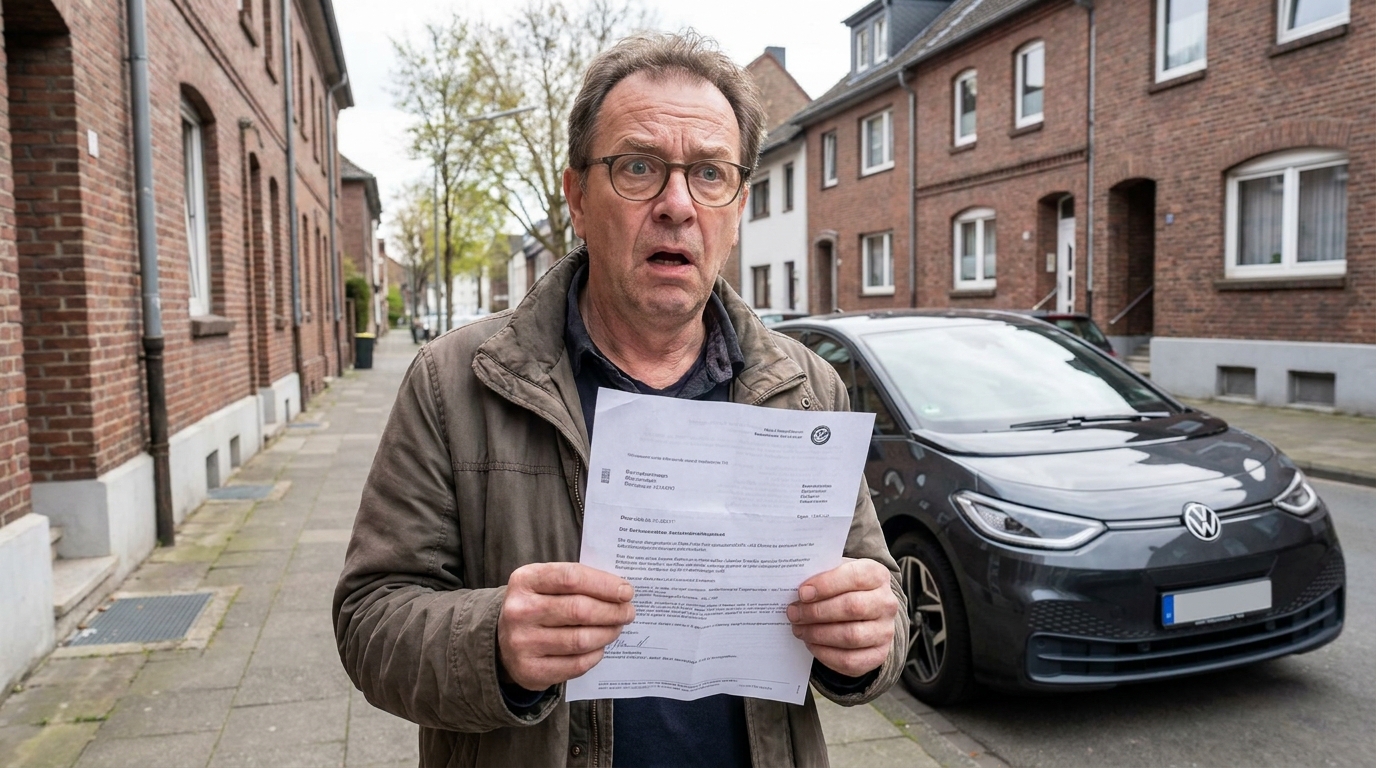 Un homme, l'air abasourdi, tient une lettre officielle dans sa main, debout près d'une voiture moderne dans une rue allemande.
