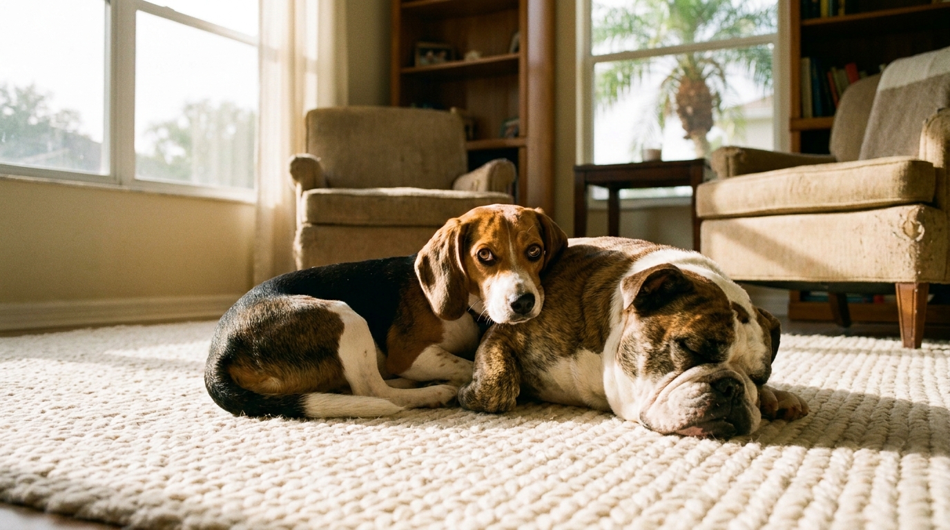 Un jeune Beagle craintif se blottit tendrement contre un Bulldog Anglais endormi sur un canapé, symbole de réconfort.