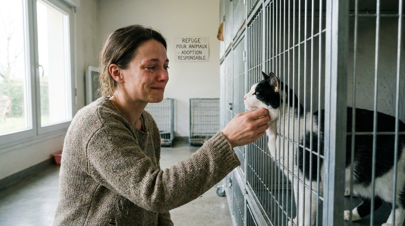 Une femme émue caresse doucement la tête d'un chat noir et blanc à travers les barreaux d'une cage dans un refuge pour animaux.