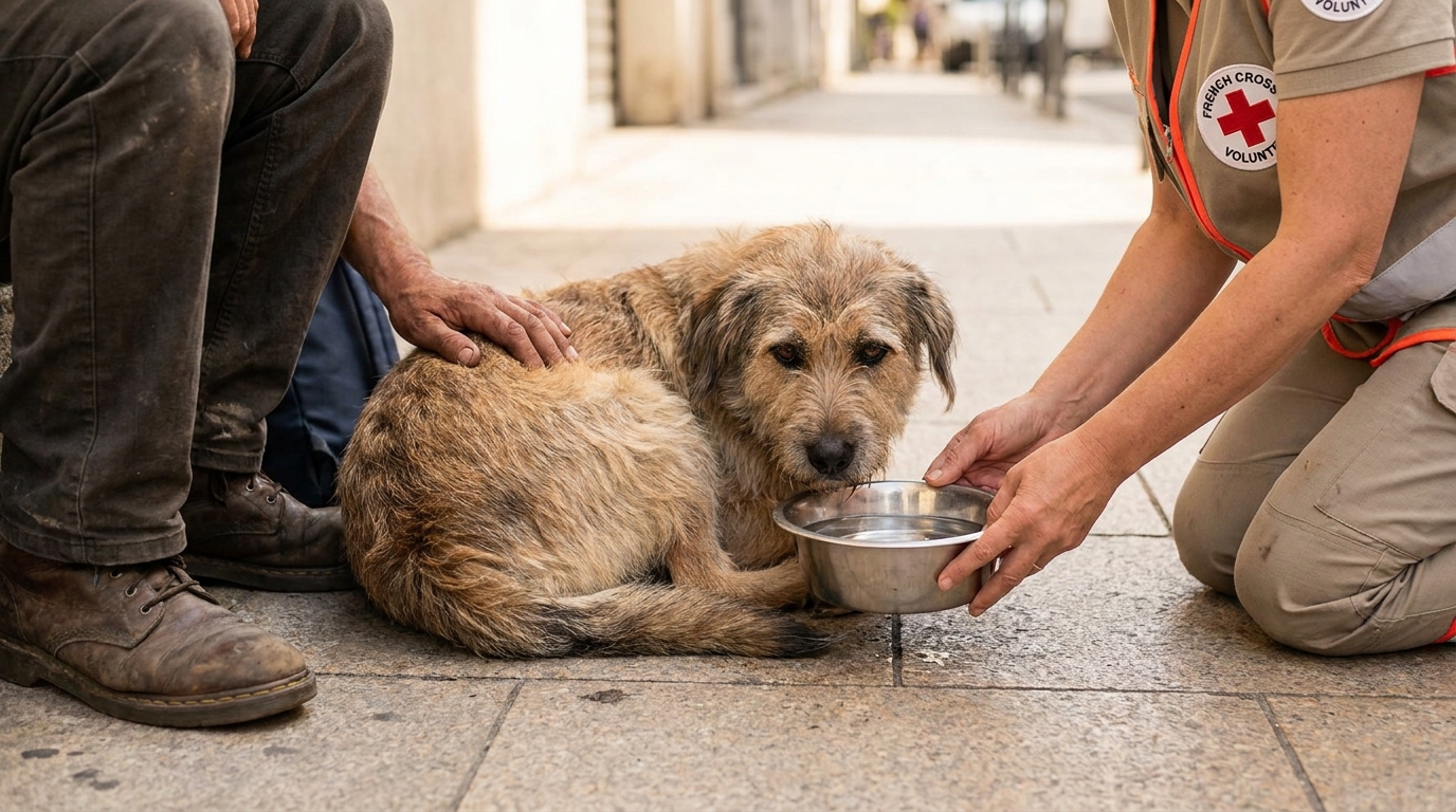 Un bénévole de la Croix-Rouge offre de l'eau à un chien de personne sans-abri pendant une canicule, illustrant le lien fort qui les unit.