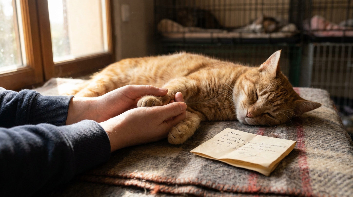 Une bénévole découvre une note touchante cachée dans le collier d'un vieux chat endormi dans un refuge, un moment plein d'émotion.