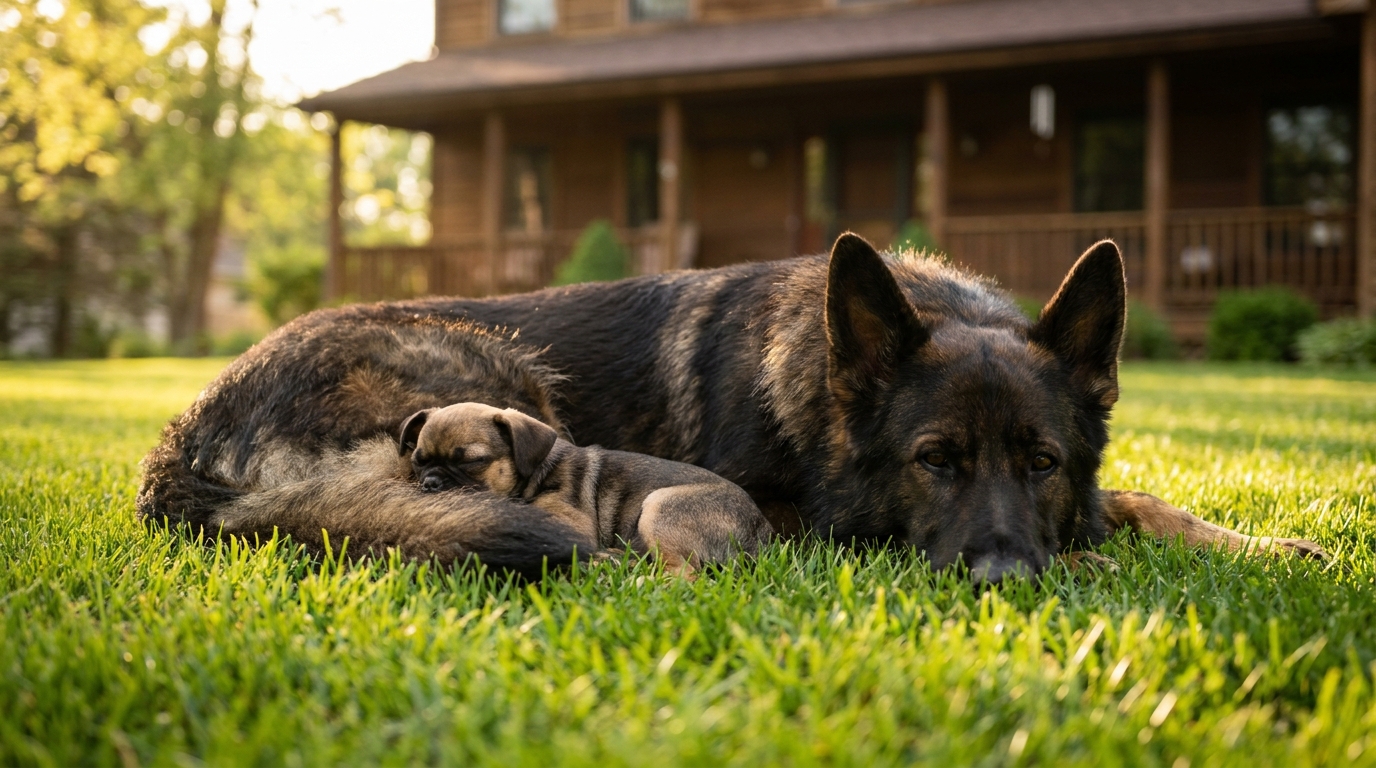 Un grand Berger Allemand couché dans l'herbe regarde tendrement un petit Chihuahua croisé Carlin qui dort sur son dos.