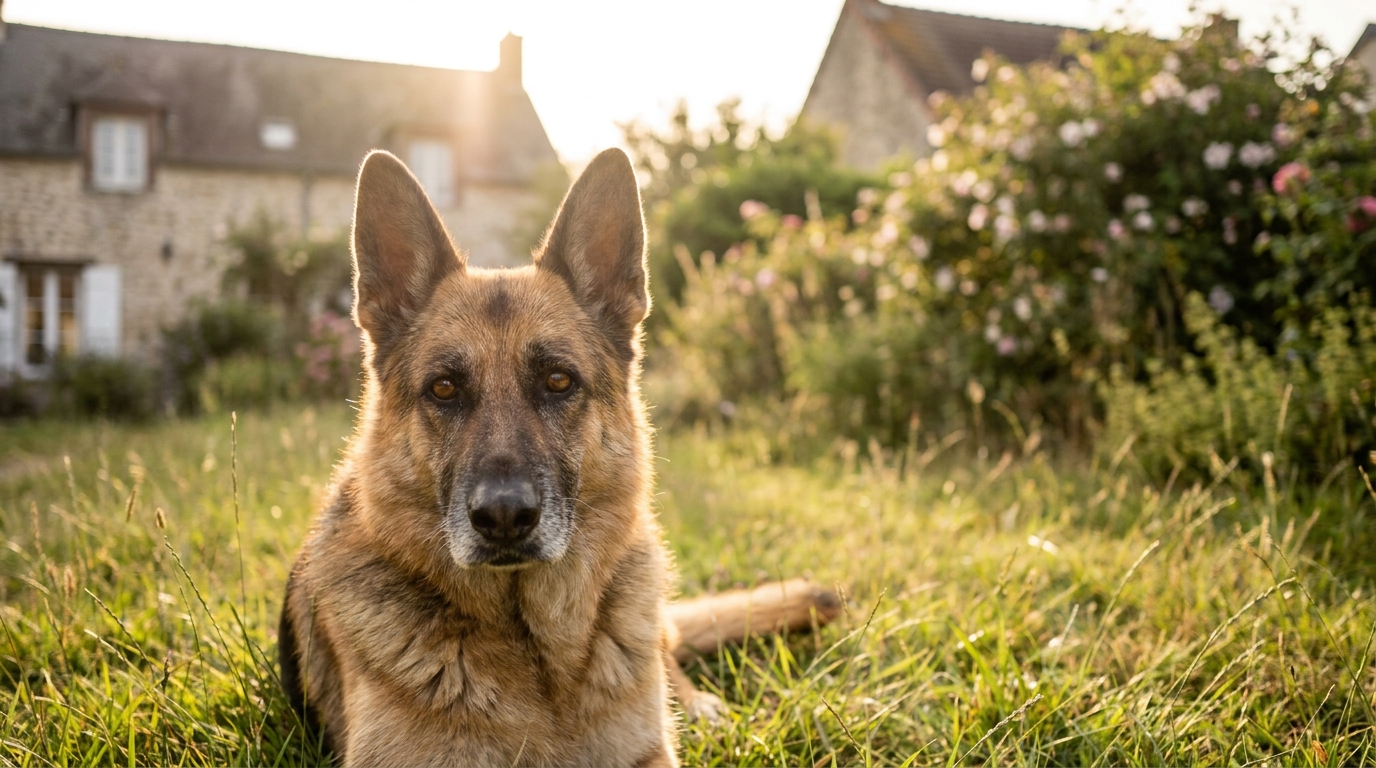 Une chienne Berger Allemand nommée Nolwen, au regard plein d'espoir, profite de sa nouvelle vie après un sauvetage difficile.