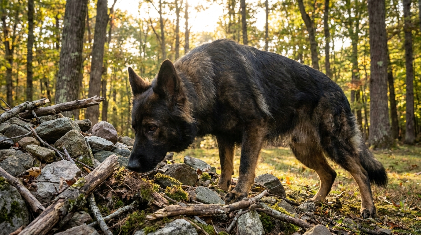 Un Berger Allemand au regard intense et concentré flairant une piste près d'un tas de roches dans un jardin boisé au Connecticut.