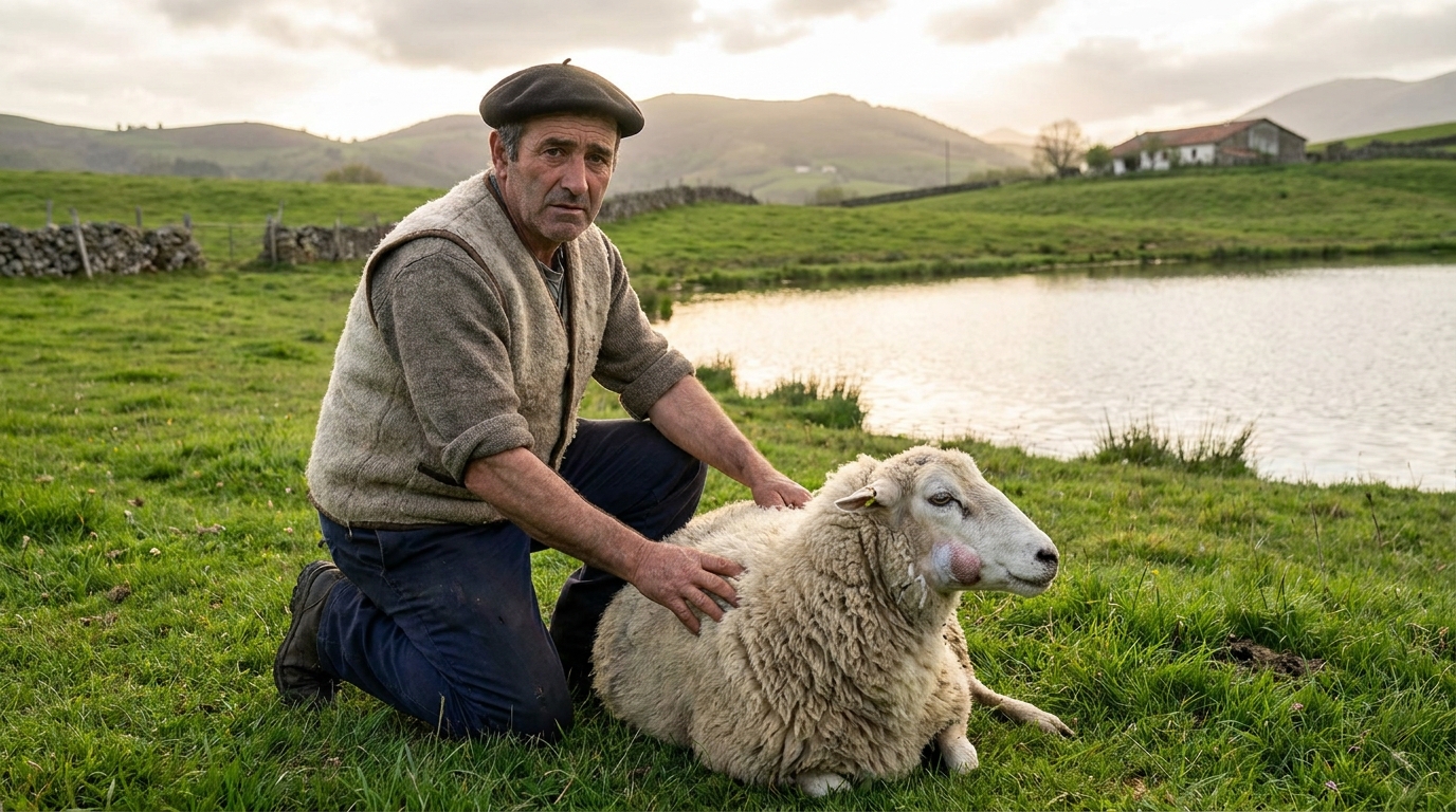 Un berger au visage triste, agenouillé dans un pré du Pays basque, caresse doucement la tête d'une brebis blessée.
