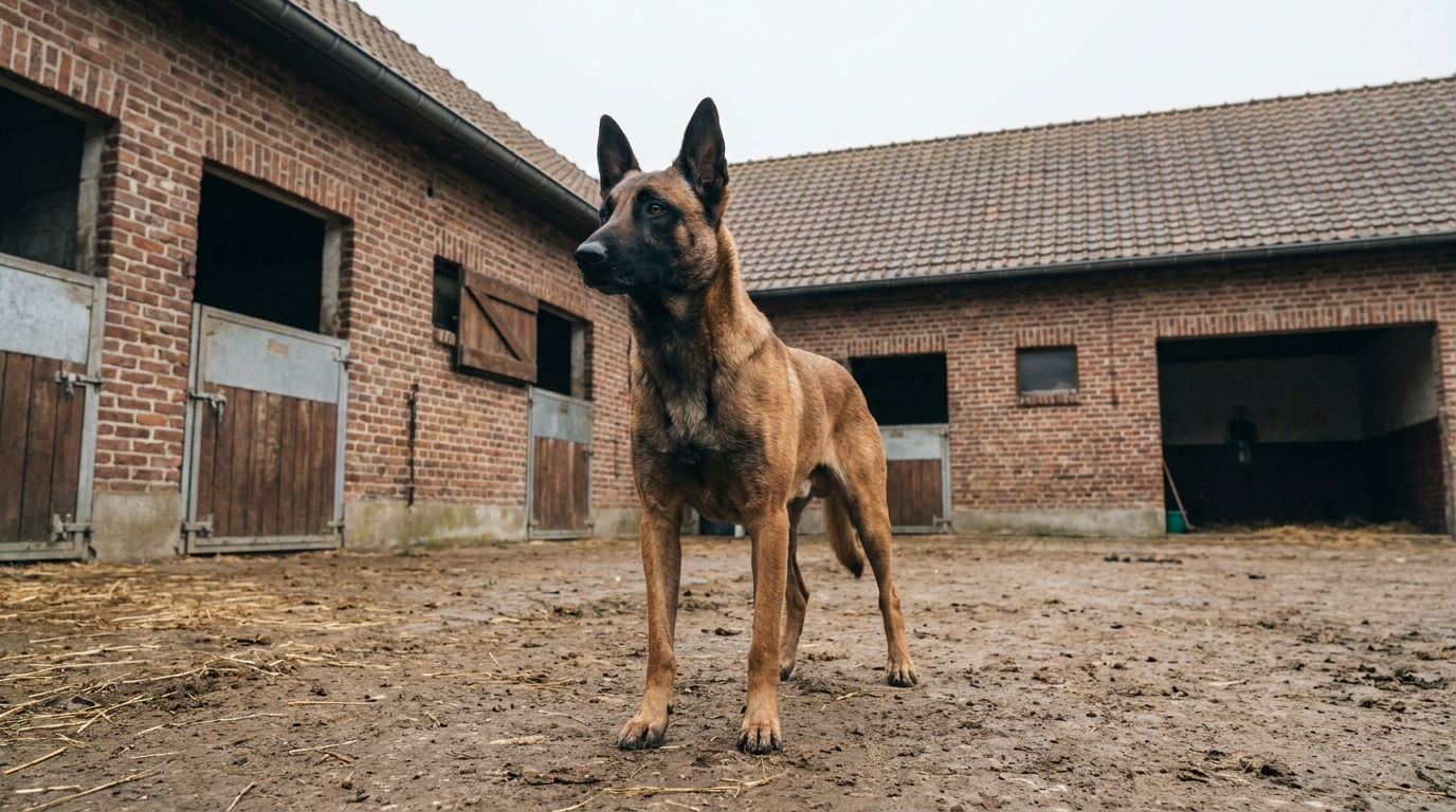 Un Berger Malinois à l'air attentif se tient dans l'allée d'un centre équestre en Belgique, illustrant une histoire de morsure.