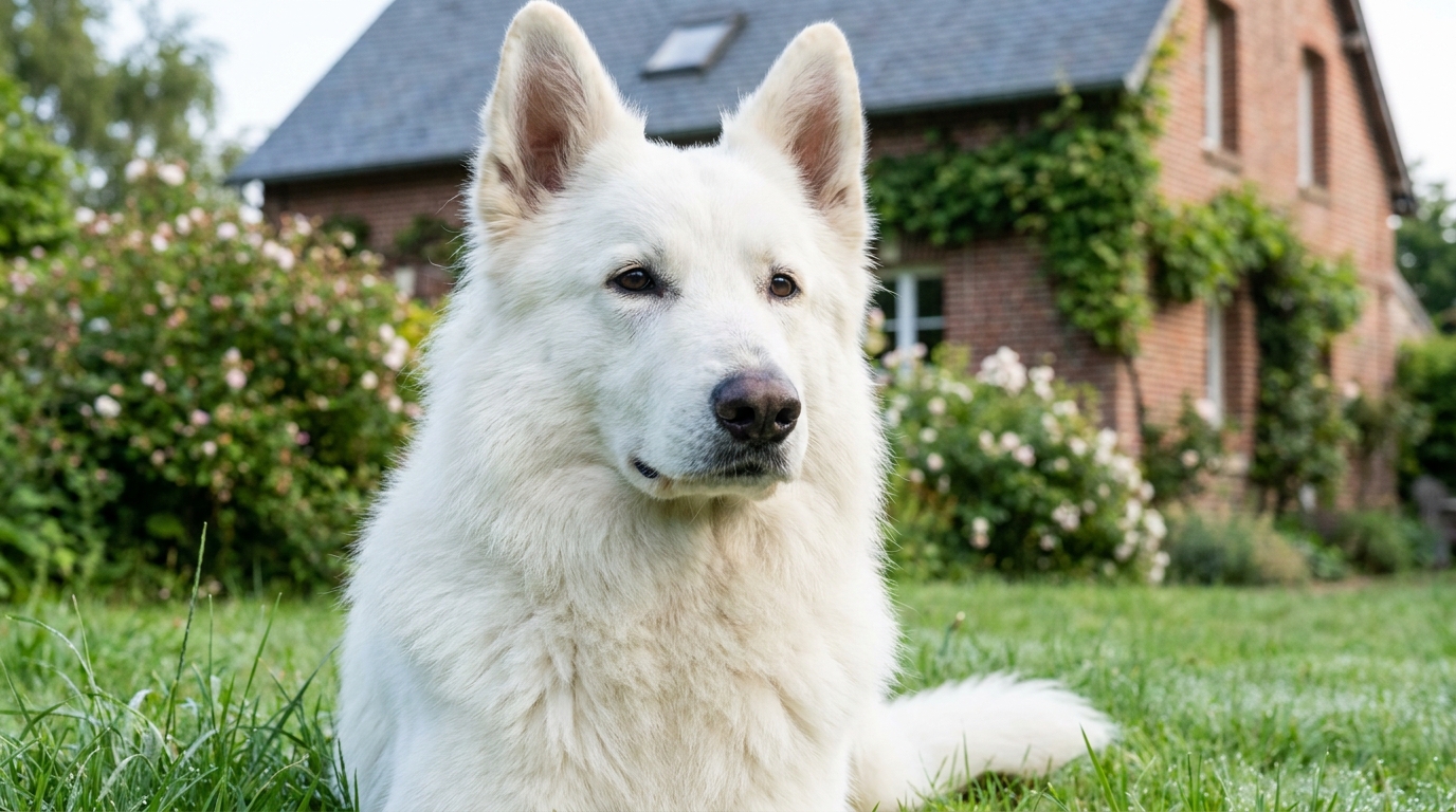Un chien de race Berger Suisse blanc, assis calmement dans l'herbe d'un jardin en France, regarde avec une expression douce et attentive.