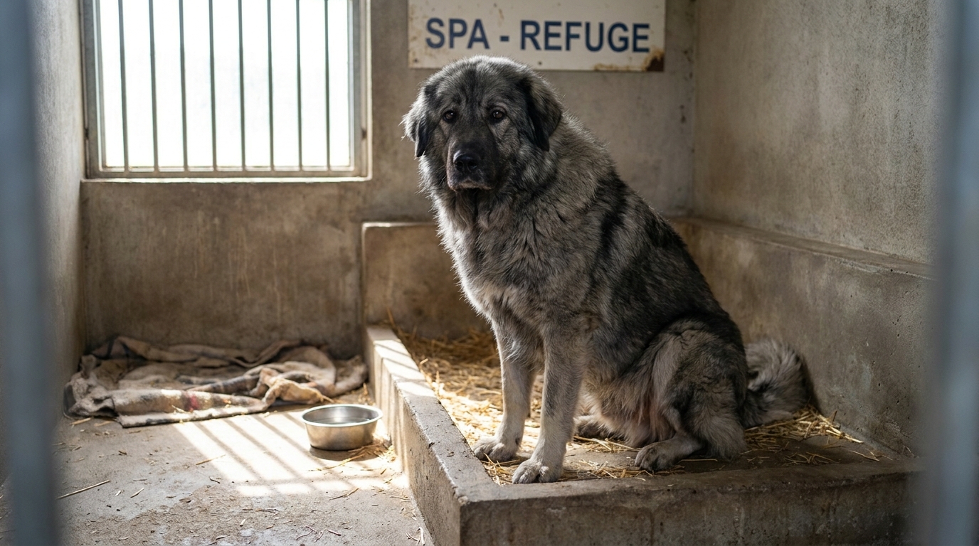 Un grand chien de type Berger Yougoslave au regard triste, assis derrière les barreaux d'un box de refuge.