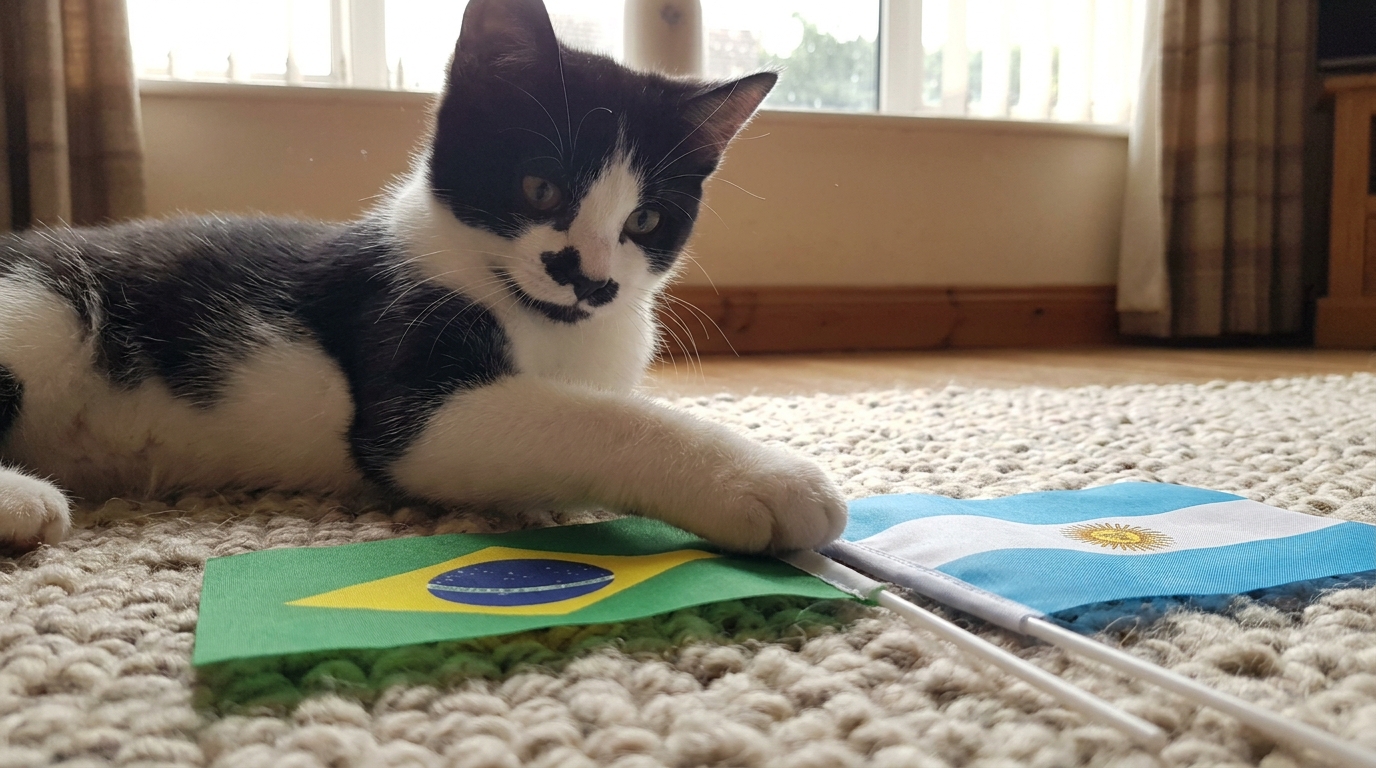 Un jeune chat noir et blanc, Billy, est assis sur un tapis et touche de sa patte un petit drapeau de pays, avec un autre drapeau à côté.