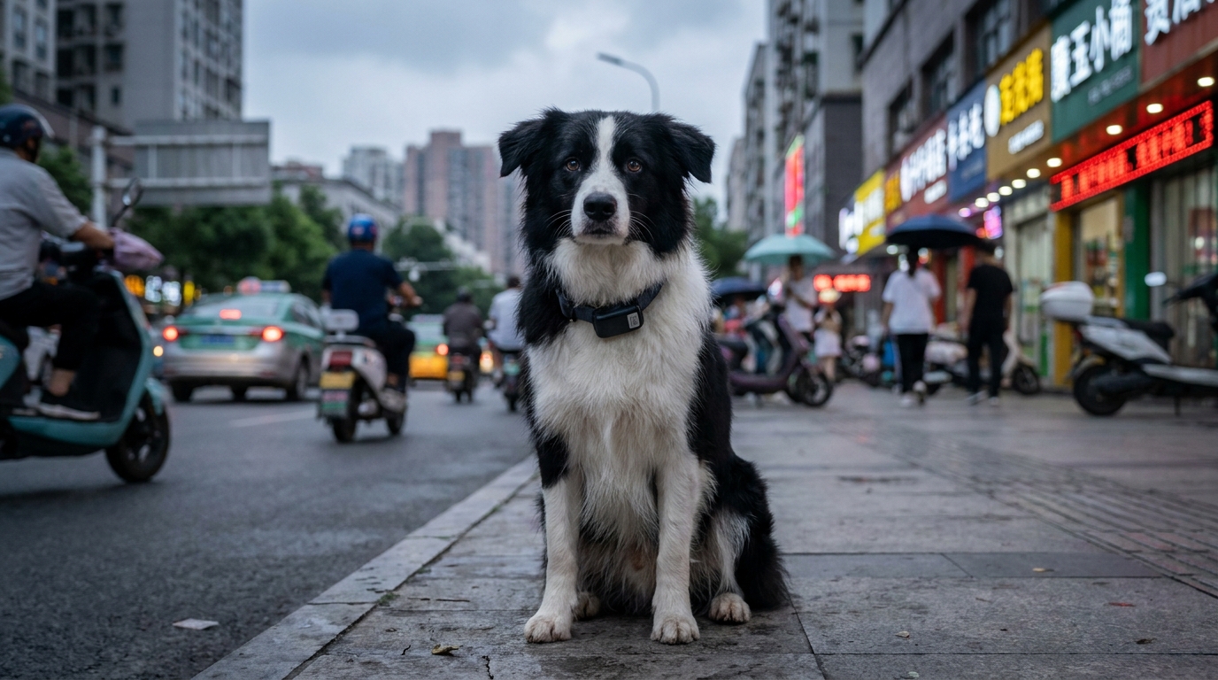 Un magnifique border collie noir et blanc, assis dans un parc urbain, regarde l'objectif avec une expression intelligente et douce.
