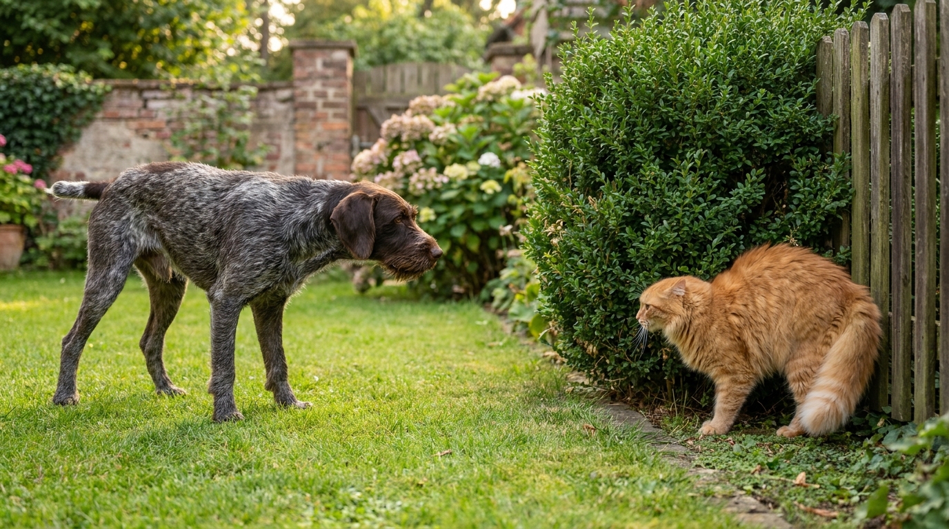 Un chien de chasse de race braque allemand à poil dur observe attentivement un chat se tenant à distance dans un jardin verdoyant.