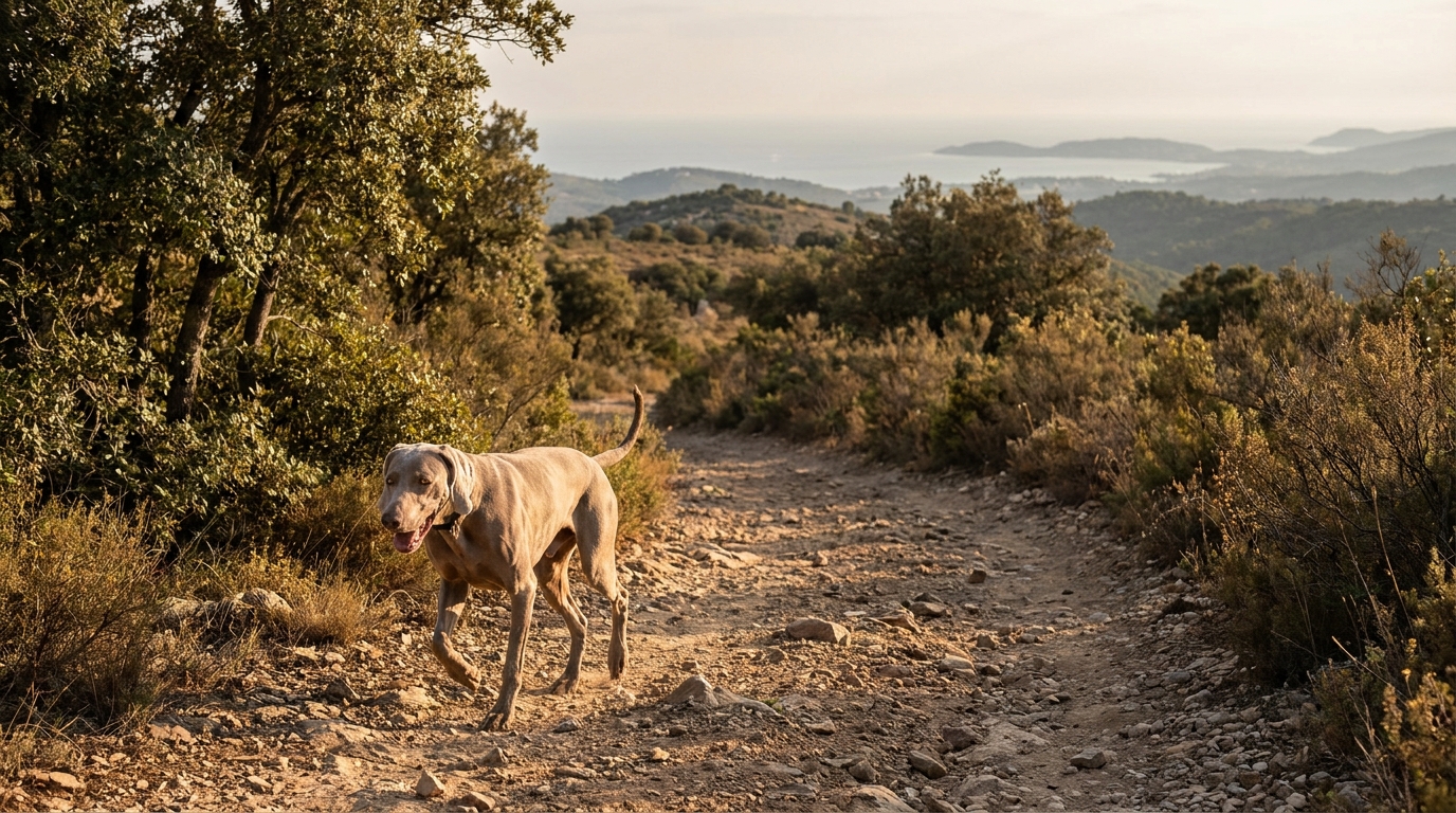 Un Braque de Weimar au pelage gris marche sur un sentier de terre dans la garrigue, créant un contraste poignant avec le drame.