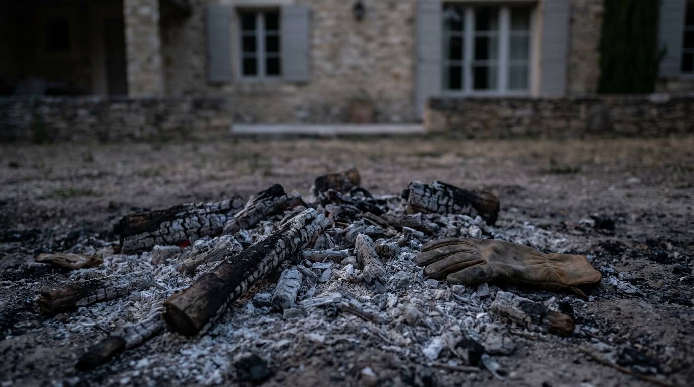 Cendres d'un feu éteint dans un jardin du sud de la France, évoquant une découverte tragique et la perte de deux chats.