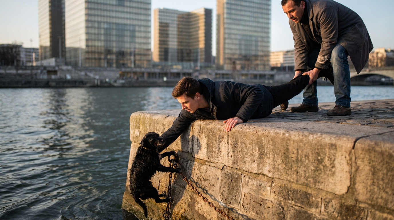 Un groupe de personnes forme une chaîne humaine sur un quai de la Seine à Paris pour secourir un petit chien noir dans l'eau.