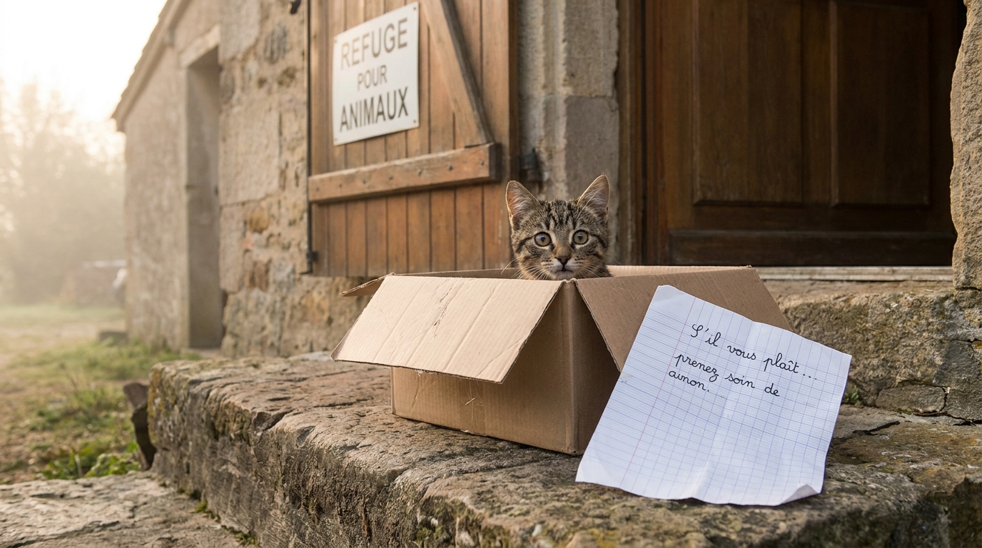 Un jeune chat tigré regarde tristement depuis une boîte en carton posée sur le seuil d'un refuge, avec un mot manuscrit à côté de lui.