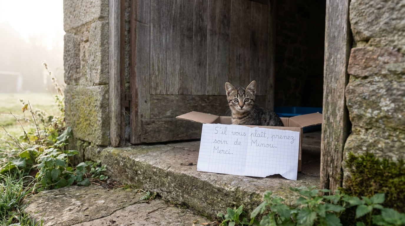 Un jeune chat tigré est assis dans une boîte en carton ouverte, regardant avec curiosité. À côté de lui, un bout de papier avec une écriture d'enfant.