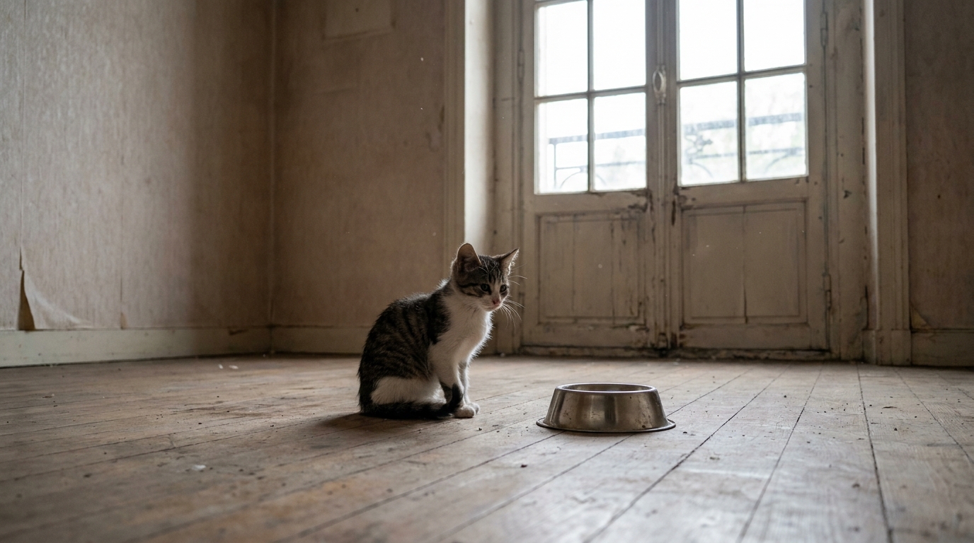 Un chat tigré regarde tristement par la fenêtre d'un appartement vide et sale, symbolisant l'abandon et la solitude.
