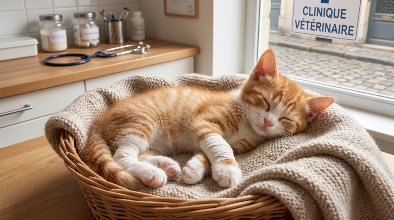 Argo, un jeune chat roux et blanc, se repose dans un panier douillet, ses pattes avant bandées, symbole de sa résilience après son sauvetage.