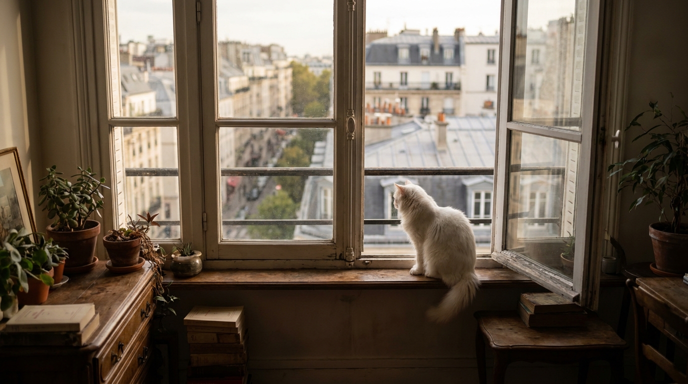 Un chat blanc, symbole de l'innocence face à la cruauté, regarde avec curiosité depuis le rebord d'une fenêtre d'un appartement en hauteur.