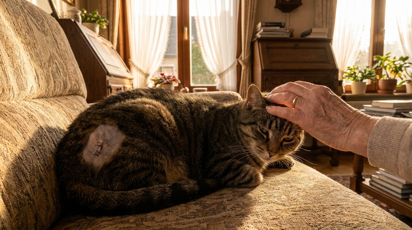 Un chat tigré se repose sur un canapé après une opération vétérinaire, une main le caressant doucement.