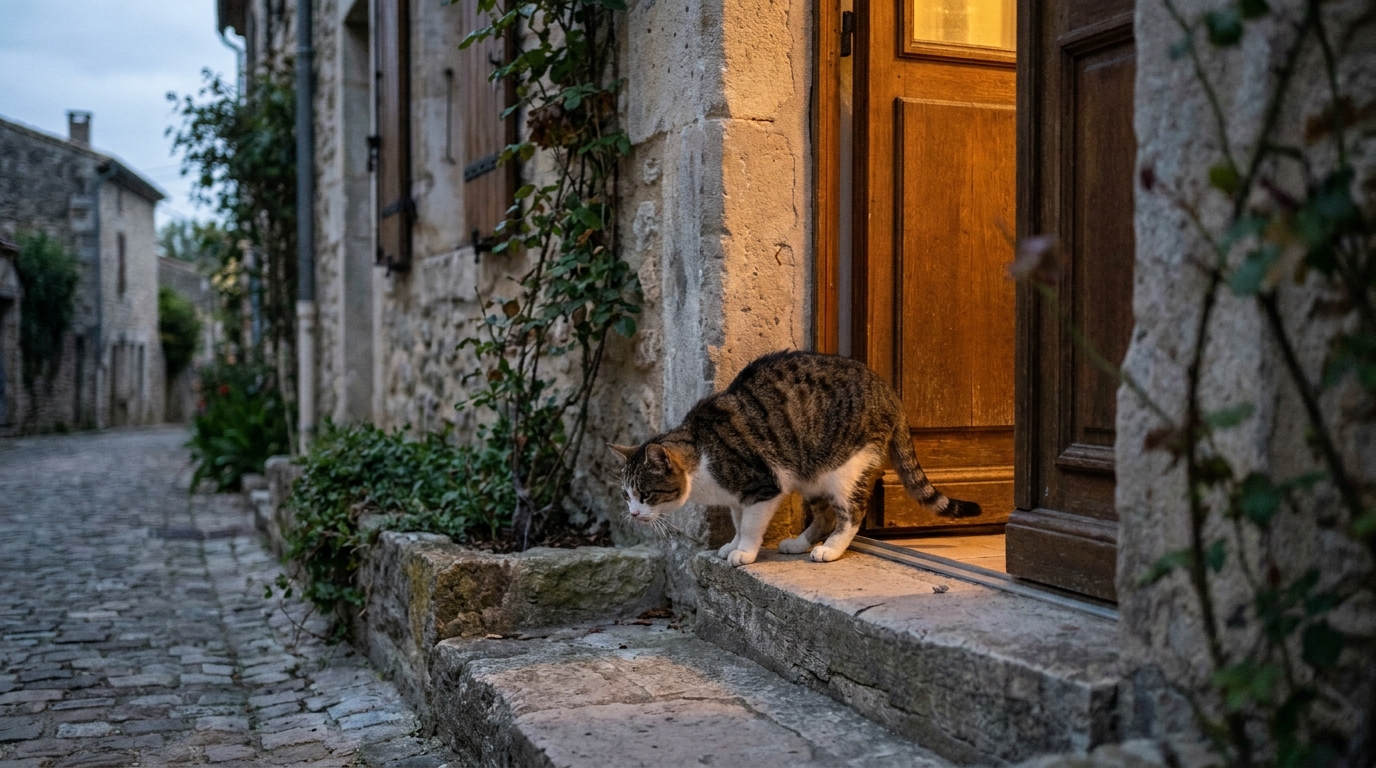 Un chat tigré marchant péniblement vers la porte de sa maison au crépuscule, l'air affaibli et triste.