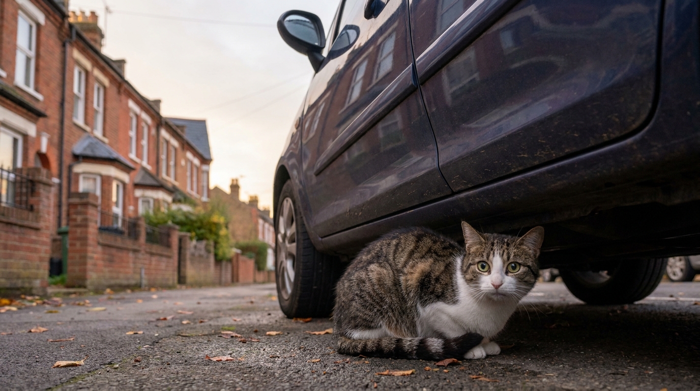 Olaf, un chat tigré au regard craintif, est blotti sous le châssis d'une voiture garée dans une rue résidentielle typique de l'Essex, en Angleterre.