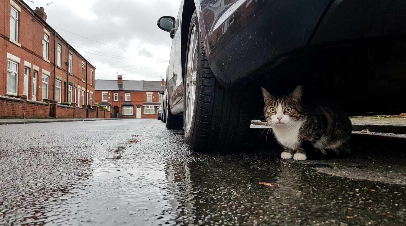 Un chat tigré et blanc, air craintif mais curieux, est blotti dans le passage de roue d'une voiture garée dans une rue anglaise.
