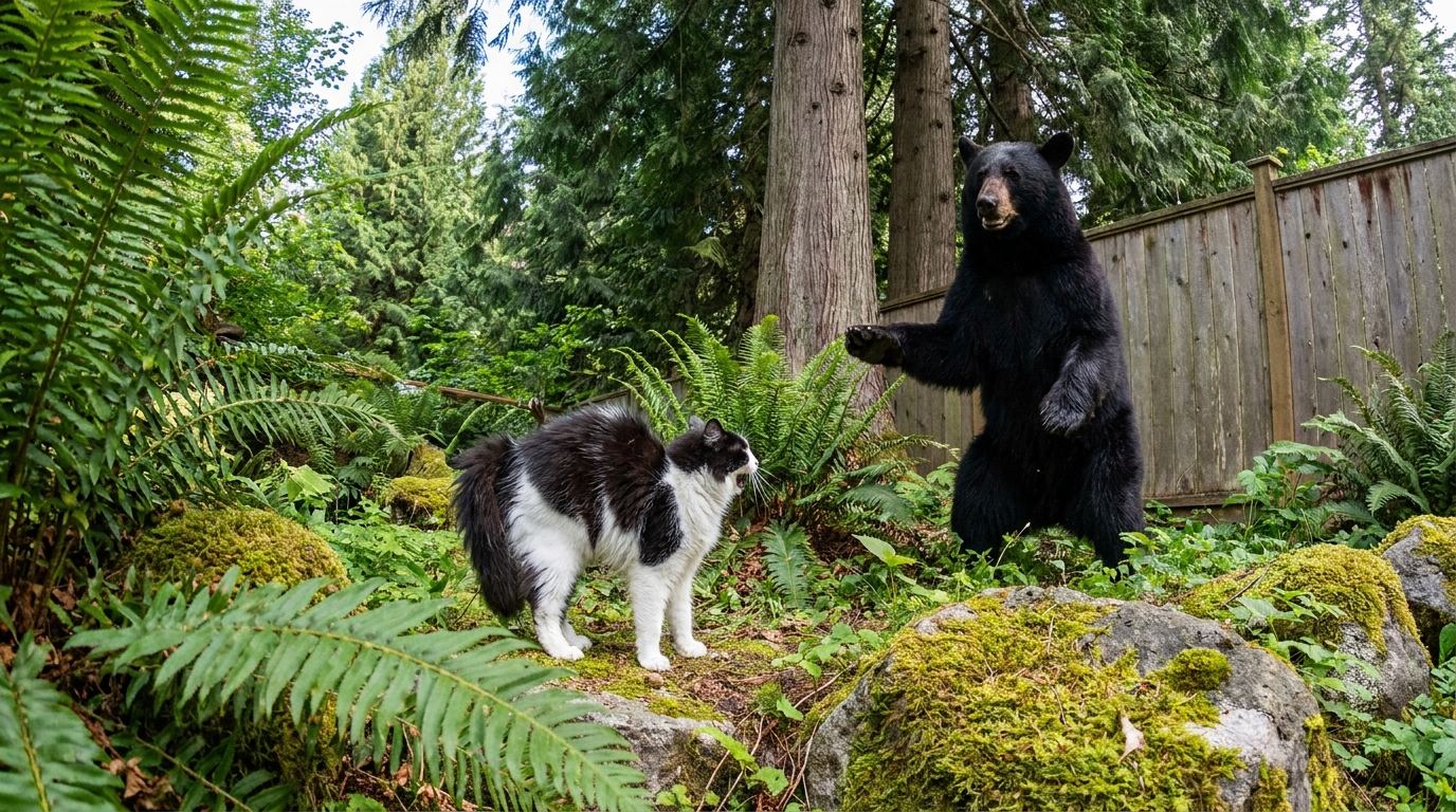 Un petit chat domestique noir et blanc se dresse courageusement face à un grand ours noir dans un jardin verdoyant en Colombie-Britannique.