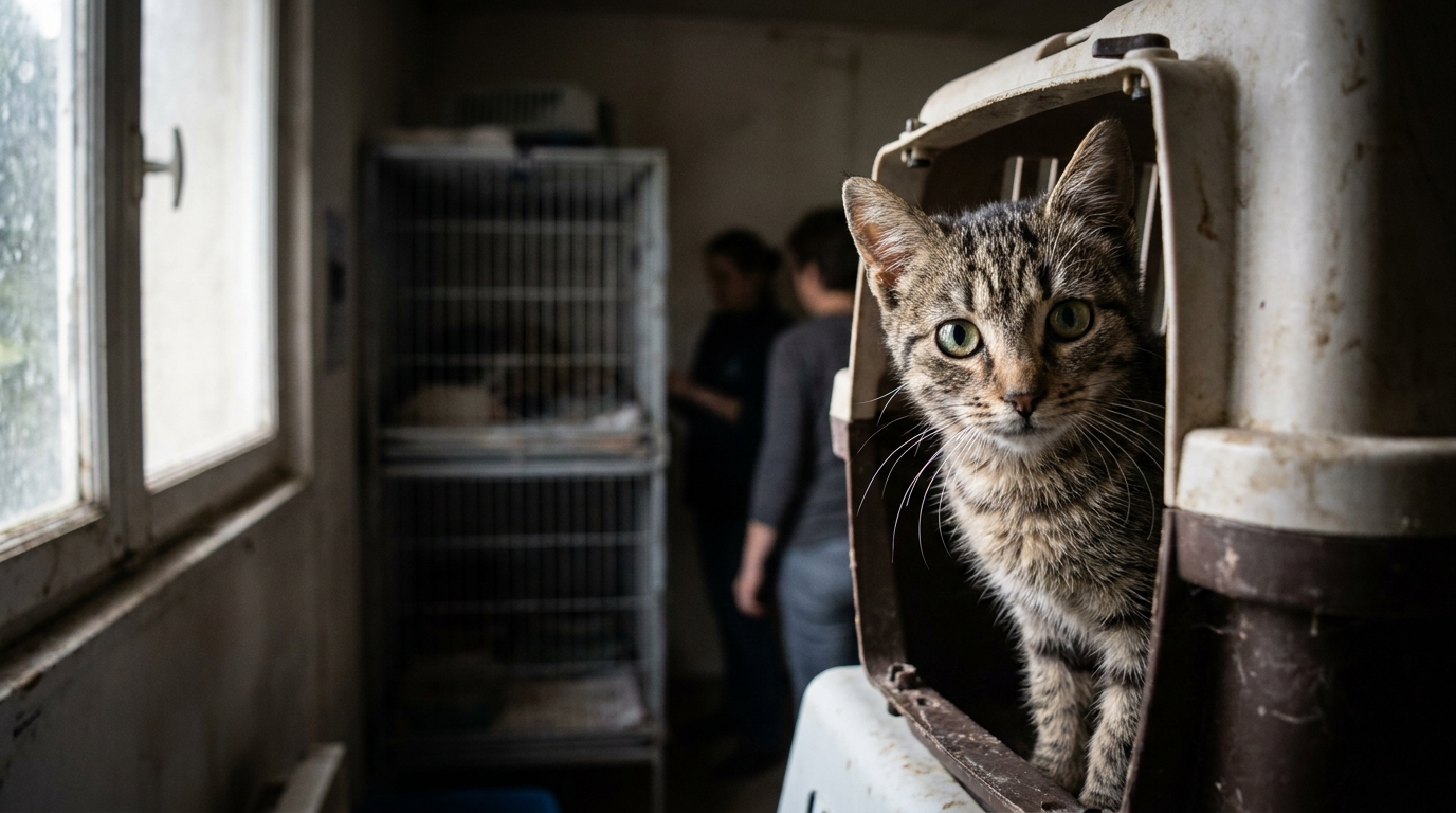Un jeune chat tigré aux yeux inquiets dans une cage de transport au sein d'un refuge normand après son sauvetage.