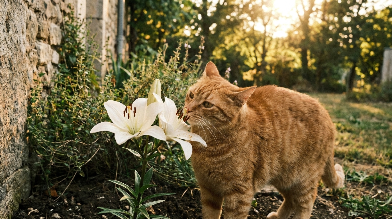 Un chat roux et blanc regarde avec curiosité un bouquet de lys blancs dans un jardin, illustrant le danger des plantes toxiques.