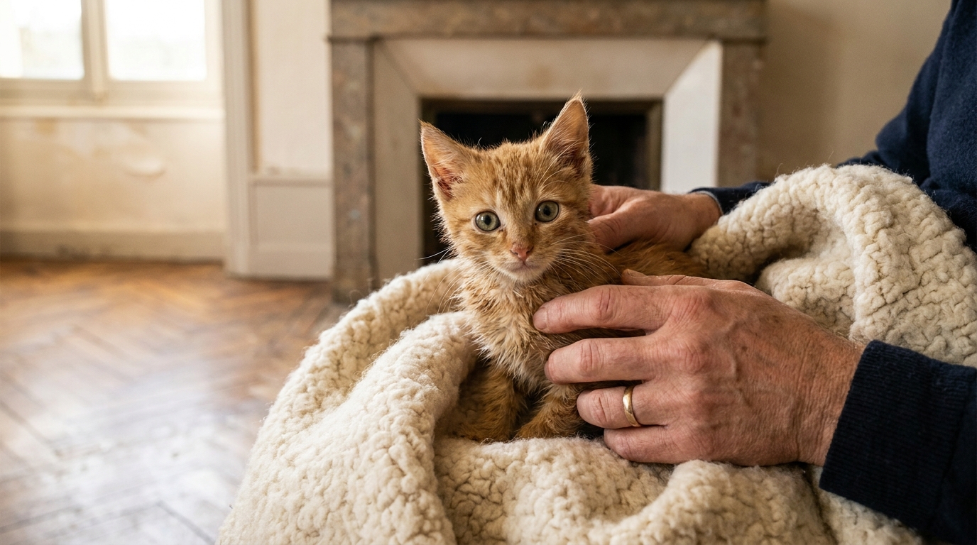 Un chat au regard touchant, blotti dans une couverture, après avoir été sauvé des murs d'une maison.