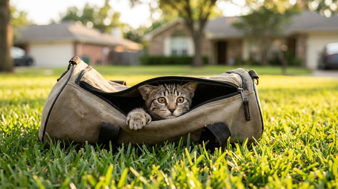 Un jeune chat tigré regarde avec inquiétude depuis un sac de sport abandonné sur une pelouse, symbolisant une histoire de sauvetage.